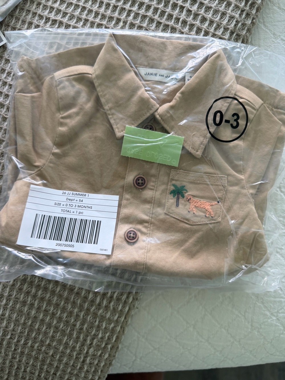 Janie and Jack Baby Boys Tan Collared safari jumpsuit 0-3 M nwt